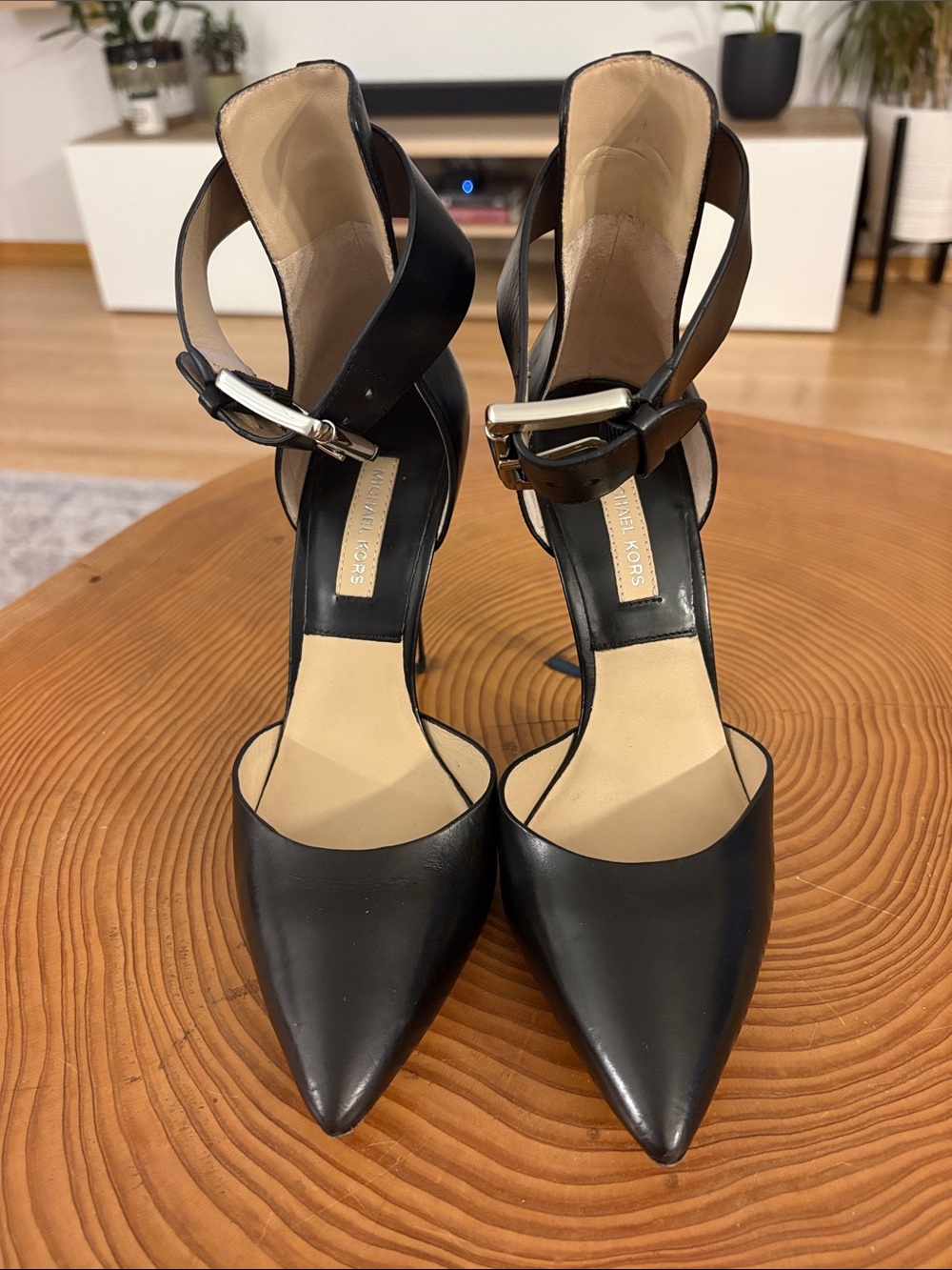 Michael Kors Black Pointed Toe Ankle Strap Pumps with Buckle